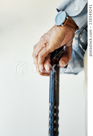 Elderly, person and hand with walking stick in closeup for assistance, walk or health in nursing home. Wrinkles, fingers and hold on blurred background for retirement, support or wellness in facility Elderly, person and hand with walking stick in closeup for assistance, walk or health in nursing home. Wrinkles, fingers and hold on blurred background for retirement, support or wellness in facility 138349241