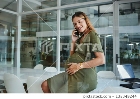 Phone call communication, pregnant and corporate woman chat, discussion and consulting on baby planning, growth or development. Cellphone, pregnancy or maternity person talking on agency consultation 138349244
