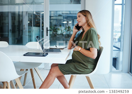 Pregnant business woman, phone call and desk with thinking, talk and touch stomach with networking. Entrepreneur, smartphone and contact for negotiation, deal or sales update in office with pregnancy 138349259