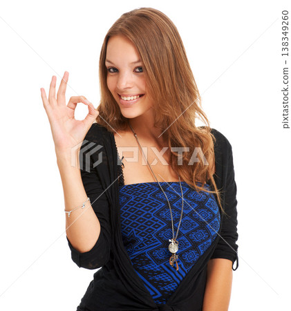 Fashion model, happiness and hand gesture for okay in portrait with fashion aesthetic and agreement or yes. Caucasian woman, close up and trendy in smile in bohemian accessories in white background 138349260