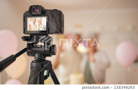 Camera, senior couple vlog and screen at home for birthday party of marriage anniversary in retirement, Home, event and people with love and zoon for care, support and bonding in a house with photo 138349263