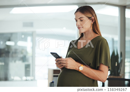 Phone, networking and pregnant business woman in office on social media, mobile app or internet. Maternity, technology and female designer from Canada with pregnancy scroll on cellphone in workplace. 138349267