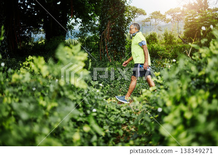 Senior man, fitness walk and forest in profile, green and outdoor for wellness in retirement. Mature person, exercise and workout for health, hiking and freedom in woods, countryside or nature park Senior man, fitness walk and forest in profile, green and outdoor for wellness in retirement. Mature person, exercise and workout for health, hiking and freedom in woods, countryside or nature park 138349271