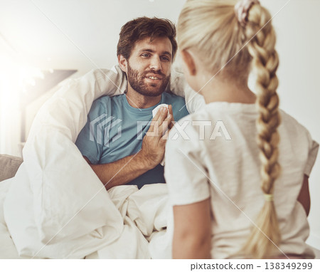 Sick father, tissue and child in home living room, talking and care for family. Girl, kid and help dad with flu, allergy or covid on lounge in blanket in winter for disease, cold virus and bacteria Sick father, tissue and child in home living room, talking and care for family. Girl, kid and help dad with flu, allergy or covid on lounge in blanket in winter for disease, cold virus and bacteria 138349299