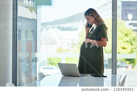 Phone call, pregnant and corporate woman in office communication, discussion and consulting on baby stomach development. Smartphone, pregnancy and maternity person speaking on mobile consultation 138349301
