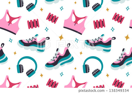 Bright fitness seamless pattern with sneakers, women top, hand weights and headphones. Workout accessories and activewear, sport and healthy lifestyle flat cartoon vector illustration Bright fitness seamless pattern with sneakers, women top, hand weights and headphones. Workout accessories and activewear, sport and healthy lifestyle flat cartoon vector illustration 138349334