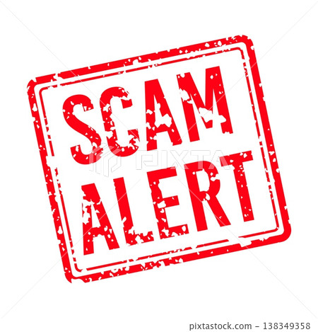 Vector art of a red scam alert rubber stamp with distressed texture and bold typography, symbolizing fraud prevention and cybersecurity awareness, ideal for financial safety campaigns, online 138349358