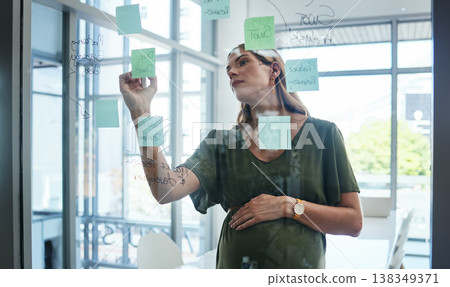 Pregnant woman, writing and glass in office for plan, sticky note or thinking for vision, idea or goal. Solution, brainstorming or problem solving for strategy, market research or board with person Pregnant woman, writing and glass in office for plan, sticky note or thinking for vision, idea or goal. Solution, brainstorming or problem solving for strategy, market research or board with person 138349371