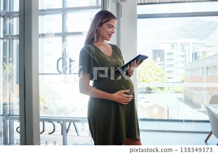 Tablet, career and pregnant business woman in office reading information on internet. Maternity, professional and female designer from Canada with pregnancy working on digital technology in workplace 138349373