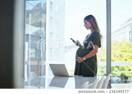 Phone, search or pregnant business woman in office on social media, website or internet to relax. Maternity, technology or female designer with pregnancy or mobile app to scroll in workplace on break 138349377
