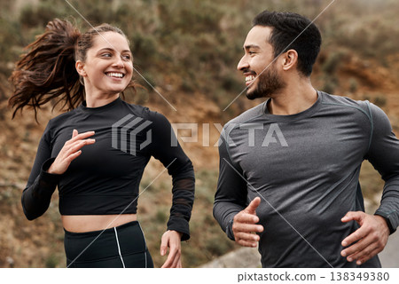 Running, fitness and team or couple in nature for runner club, health and workout partner. Coaching, exercise and support with man and woman outdoor for cardio, training and commitment together 138349380