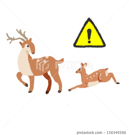 A simple illustration of a deer family with a warning sign, for animal safety and traffic safety. A simple illustration of a deer family with a warning sign, for animal safety and traffic safety. 138349388