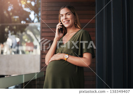 Pregnant, woman and portrait of phone call in office planning a schedule, appointment or communication. Cellphone, conversation and talking of pregnancy, maternity or contact with client in workplace 138349407