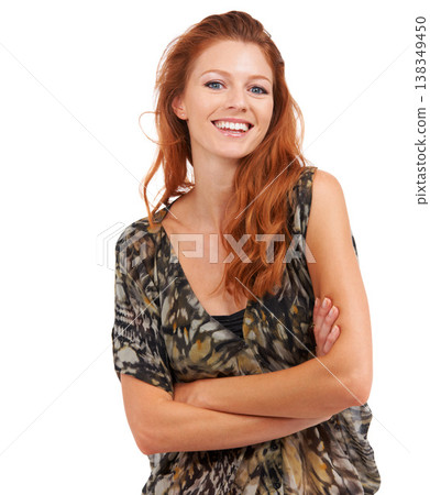 Happy woman, smile and fashion or confidence for natural redhead, beauty or designer style. Female model person, studio white background for elegant clothes, good mood or trendy outfit for summer 138349450
