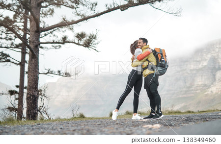 Love, hug and hike with couple in nature for support, trekking adventure and date. Wellness, explore and tourism with man and woman outdoor for travel holiday, journey and vacation getaway together Love, hug and hike with couple in nature for support, trekking adventure and date. Wellness, explore and tourism with man and woman outdoor for travel holiday, journey and vacation getaway together 138349460