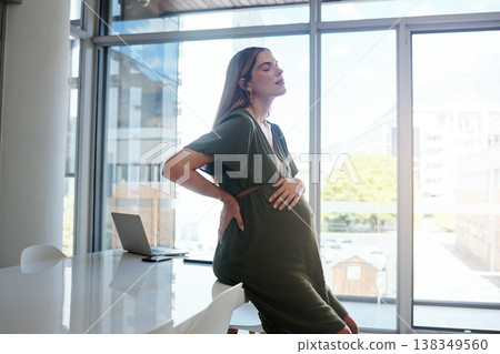 Pregnant, woman or back pain in office with stress, burnout and relax with eyes closed at desk or table. Person, pregnancy or hand on stomach for risk, anxiety or tired at professional company or job Pregnant, woman or back pain in office with stress, burnout and relax with eyes closed at desk or table. Person, pregnancy or hand on stomach for risk, anxiety or tired at professional company or job 138349560