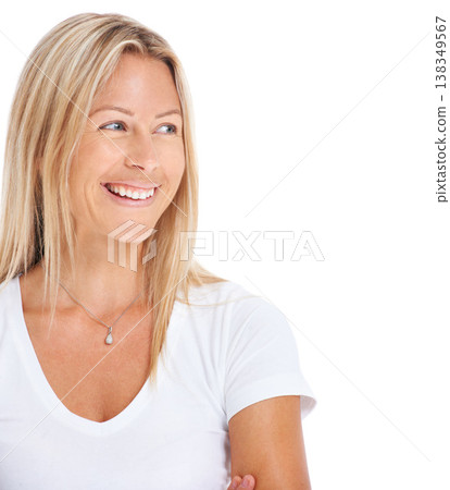 Woman, smile and looking side in studio for natural beauty happiness, t-shirt or care free. Female model person, funny happy face or white background relax confident, casual energy or personality Woman, smile and looking side in studio for natural beauty happiness, t-shirt or care free. Female model person, funny happy face or white background relax confident, casual energy or personality 138349567