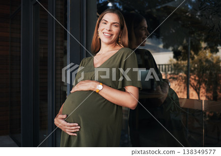 Portrait, smile and a business pregnant woman on the balcony at her office, excited about maternity leave from work. Company, stomach and pregnancy with a happy young employee at the workplace 138349577