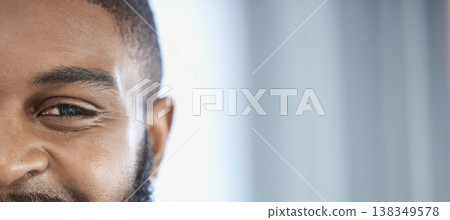Half face, eye and a black man with mockup for cosmetics, skincare or glow. Banner, happy and a portrait of an African person with space for complexion or dermatology information with a smile Half face, eye and a black man with mockup for cosmetics, skincare or glow. Banner, happy and a portrait of an African person with space for complexion or dermatology information with a smile 138349578