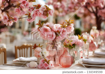 A close-up of a festive wedding table decorated with vases of lush pink flowers. Wedding celebration in a blooming garden 138349599