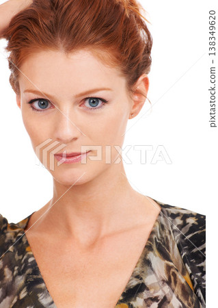 Woman, face portrait and studio for beauty hair trend, luxury or fashion. Female model, ginger care and white background for glamour or stylish designer, confidence or feminine attitude for glow Woman, face portrait and studio for beauty hair trend, luxury or fashion. Female model, ginger care and white background for glamour or stylish designer, confidence or feminine attitude for glow 138349620