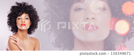 Beauty, overlay and portrait of woman with mockup space for wellness, makeup and banner. Skincare, dermatology and African person with cosmetics, aesthetic and luxury facial on double exposure 138349671