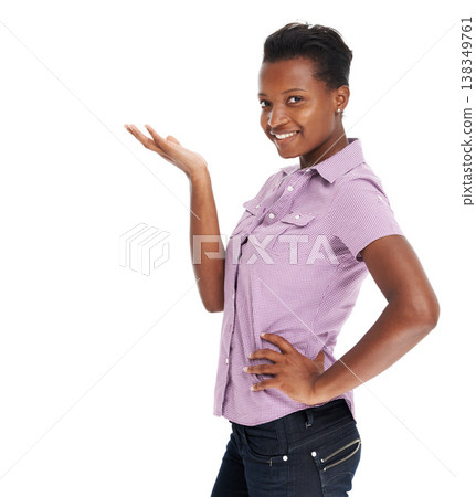 Woman, palm and present portrait studio for marketing mockup, advertising retail or presentation. African female, smile face or hand on white background for sales promotion, offer or branding space Woman, palm and present portrait studio for marketing mockup, advertising retail or presentation. African female, smile face or hand on white background for sales promotion, offer or branding space 138349761