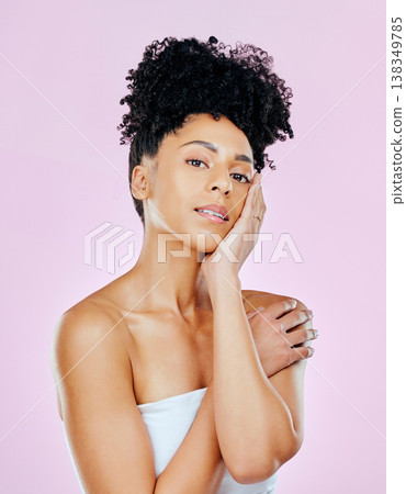 Face, beauty and woman, natural and dermatology with clean skin, wellness and glow on pink background. Skincare, antiaging and cosmetics with self care, spa treatment and fresh with hygiene in studio 138349785