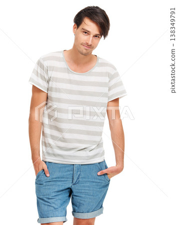 Happy man, portrait and fashion with pride for relaxed pose, edgy and white background. Young model, handsome face and trendy aesthetic with denim shorts in t-shirt and confident in studio mockup Happy man, portrait and fashion with pride for relaxed pose, edgy and white background. Young model, handsome face and trendy aesthetic with denim shorts in t-shirt and confident in studio mockup 138349791