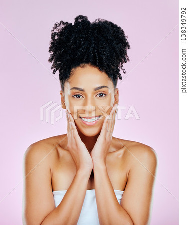 Skincare, natural and woman with beauty from cosmetic aesthetic isolated in studio pink background for wellness. Face, self care and young person with dermatology facial treatment for smooth skin Skincare, natural and woman with beauty from cosmetic aesthetic isolated in studio pink background for wellness. Face, self care and young person with dermatology facial treatment for smooth skin 138349792