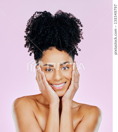 Natural, beauty and woman with smile for cosmetic aesthetic isolated in studio pink background for wellness. Face, skincare an young person with dermatology facial treatment for clean and smooth skin Natural, beauty and woman with smile for cosmetic aesthetic isolated in studio pink background for wellness. Face, skincare an young person with dermatology facial treatment for clean and smooth skin 138349797