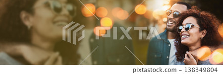 Happy, glasses or nature couple on banner bond, relax or care for trendy girlfriend, boyfriend looking at vacation view. Mockup space, sunglasses or holiday man, woman or people hug with accessory Happy, glasses or nature couple on banner bond, relax or care for trendy girlfriend, boyfriend looking at vacation view. Mockup space, sunglasses or holiday man, woman or people hug with accessory 138349804