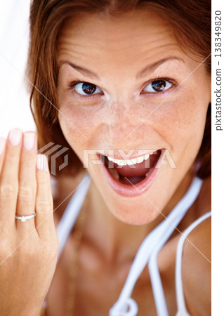 Woman, engagement and ring portrait or excited closeup, commitment or happiness proposal. Female person, smile and hand diamond for future promise, devotion or surprise love jewellery announcement Woman, engagement and ring portrait or excited closeup, commitment or happiness proposal. Female person, smile and hand diamond for future promise, devotion or surprise love jewellery announcement 138349820