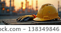 Yellow safety helmet and gloves at industrial oil refinery 138349846