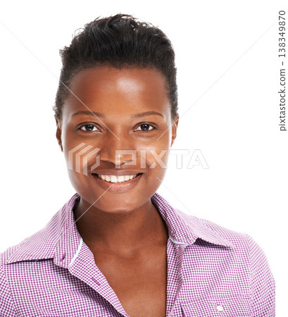 Woman, smile and studio portrait for beauty confidence or product, happiness or relax natural. African female, healthy model face and casual fashion isolated for cosmetic care, treatment or wellness 138349870