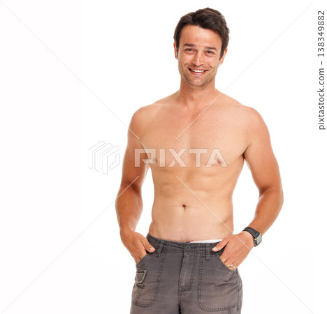 Confident, man and portrait in shirtless with healthy body, fitness aesthetic and isolated white background. Caucasian model, happy and smile with muscle on tummy, studio and bare chest for mockup Confident, man and portrait in shirtless with healthy body, fitness aesthetic and isolated white background. Caucasian model, happy and smile with muscle on tummy, studio and bare chest for mockup 138349882