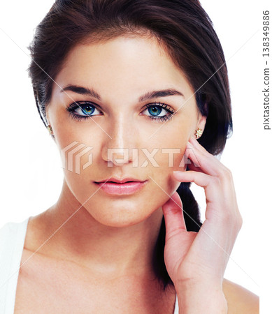 Woman, hand or portrait in studio for beauty makeup product wellness, facial or results. Female model person, face or white background for luxury health cosmetic for self care, natural or dermatology Woman, hand or portrait in studio for beauty makeup product wellness, facial or results. Female model person, face or white background for luxury health cosmetic for self care, natural or dermatology 138349886