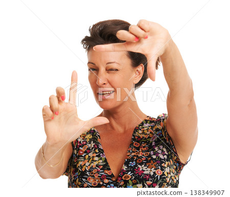 Woman, face frame and photography studio for creative fun, capture or planning. Female model person, hand gesture sign and emoji wink for perspective inspiration, art idea or camera zoom check 138349907