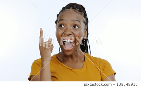 Hand, idea and aha with an excited black woman in studio on a white background for a eureka moment. Face, wow and finger with a happy young person looking surprised by a solution or conclusion Hand, idea and aha with an excited black woman in studio on a white background for a eureka moment. Face, wow and finger with a happy young person looking surprised by a solution or conclusion 138349913
