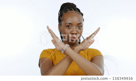 Portrait, woman and cross sign for stop, no and protest in studio for rejection, ban and wrong emoji on white background. Face, african model and warning of caution, cancel or objection of inequality 138349916