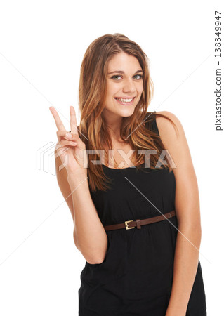 woman, peace and sign portrait studio for kindness care happiness, freedom or smile. Female model person, face and hand gesture emoji for harmony good mood relax or cool, sign hope icon or symbol 138349947