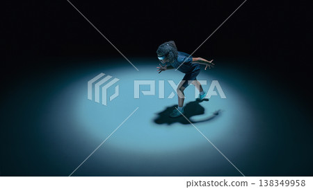 Female teenager athlete sprinting with holographic UI data overlays in dark spotlight studio 138349958
