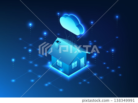 Internet of Things technology The house is connected to the cloud with technological circuits. Shows the connection of devices through the cloud system. Isometric image Vector illustration 138349991