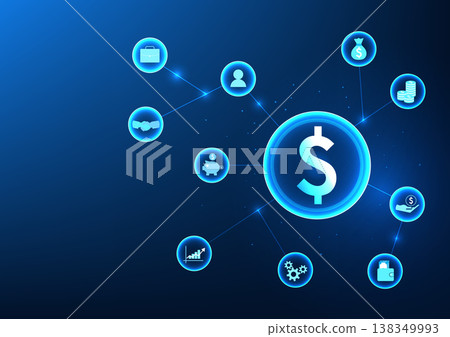 Financial technology The dollar icon in a technology circle connected to a finance icon represents modern finance that uses technology to help. create a stock market birth of new businesses Financial technology The dollar icon in a technology circle connected to a finance icon represents modern finance that uses technology to help. create a stock market birth of new businesses 138349993