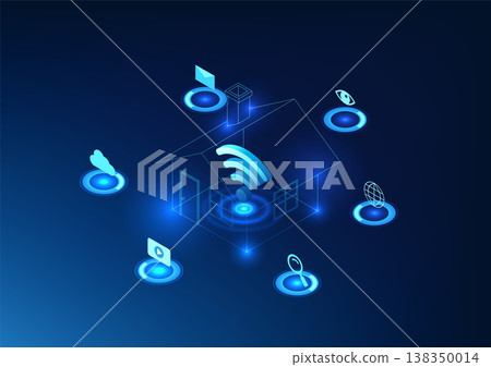 Internet of Things technology The Wi-Fi symbol is in the house. Refers to the network connection of electronic devices to the cloud system and the internet. Vector background image 138350014