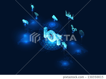 Internet of Things technology IoT is inside the circle placed on the world map. It means providing real-time access to equipment around the world. Isometric image Vector illustration 138350015
