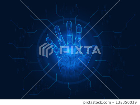 Cybersecurity technology Hands connected to technology circuit Show identification by scanning your handwriting. to access important cyber information with data protection system 138350039