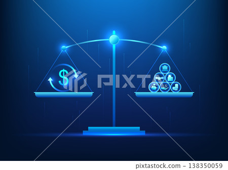 Weighing scale Weighing money with icons representing work, investing, and saving money in exchange for money for future expenses. Vector illustration Weighing scale Weighing money with icons representing work, investing, and saving money in exchange for money for future expenses. Vector illustration 138350059