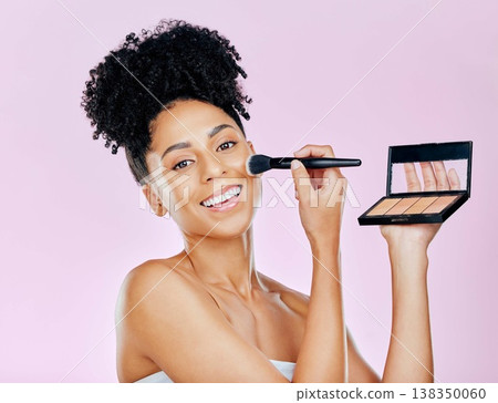 Woman, makeup compact and brush with beauty, powder and application on face isolated on pink background. Shine, shimmer and cosmetic product in portrait, tools and foundation with self care in studio Woman, makeup compact and brush with beauty, powder and application on face isolated on pink background. Shine, shimmer and cosmetic product in portrait, tools and foundation with self care in studio 138350060