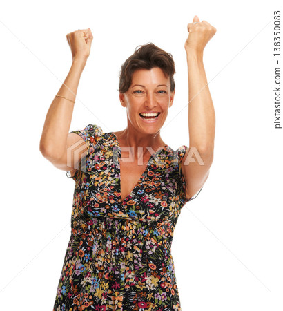 Woman, arms up or portrait cheer winning studio happy celebration cheer, congratulations or achievement. Female model person, happy smile or yes fist emoji energy face, results or goal review deal 138350083